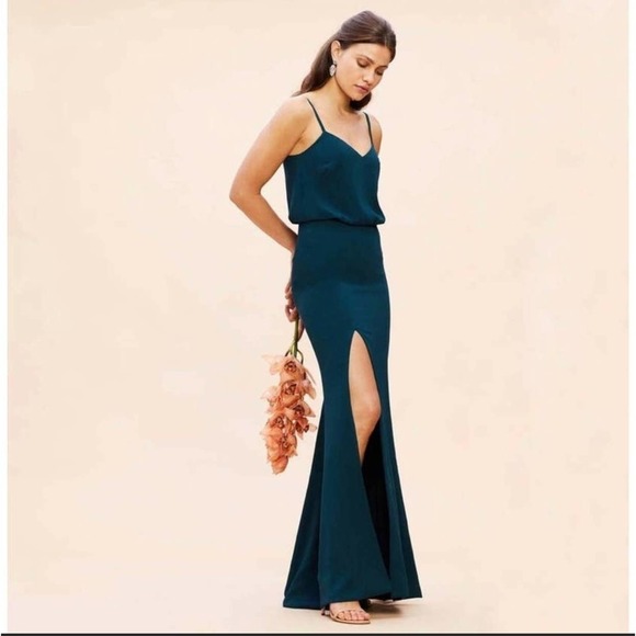 DRESS THE POPULATION Gracelyn Pine Blouson High Slit Maxi Dress Size Large NEW - Picture 4 of 14